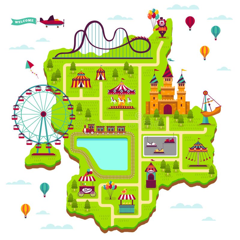 Amusement park map. Scheme elements attractions festival amuse funfair leisure family fairground kid games cartoon vector park map. Amusement park map. Scheme elements attractions festival amuse funfair leisure family fairground kid games cartoon vector park map