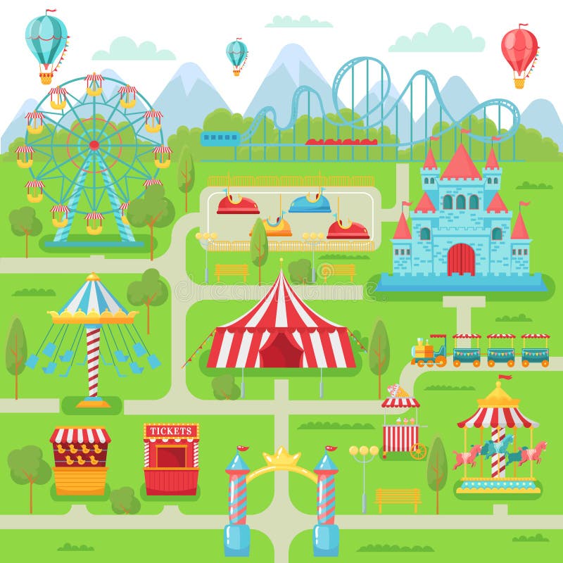 Amusement park map. Family entertainment festival attractions carousel, roller coaster and ferris wheel. Fairground navigation, circus funfair tent map vector illustration. Amusement park map. Family entertainment festival attractions carousel, roller coaster and ferris wheel. Fairground navigation, circus funfair tent map vector illustration