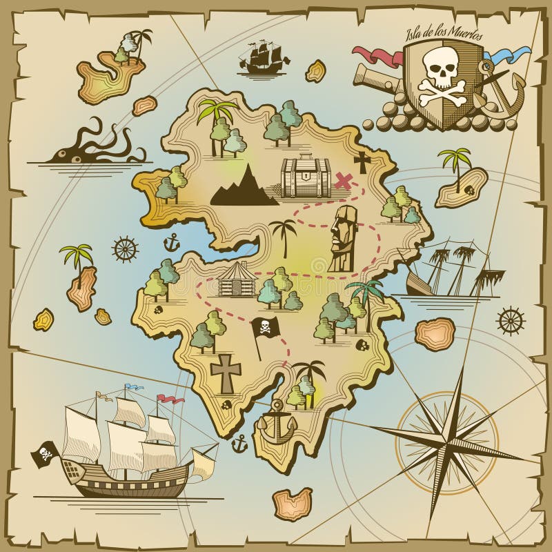 Velho Mapa Tesouro Pirata Pergaminho Usado Vetor Com Localização Saque  imagem vetorial de Seamartini© 614505524