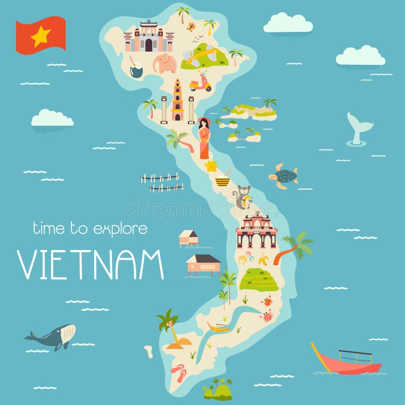 Mapa de desenho animado do Vietname com destinos ilustração do vetor