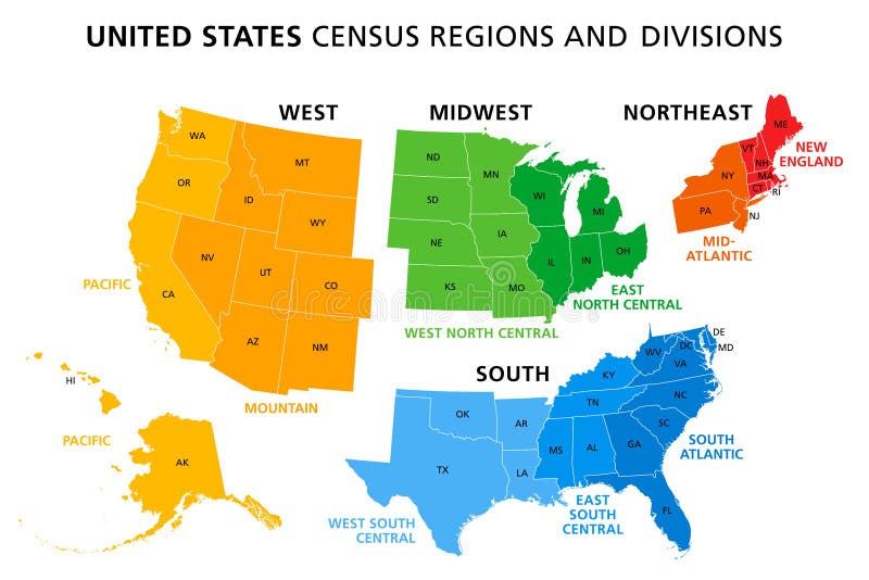Mapa dos estados unidos dividido em regiões e divisões do censo