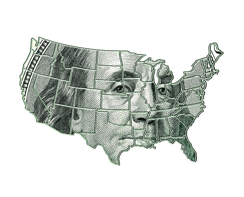 USA map on a dollar background with Franklin image. USA map on a dollar background with Franklin image