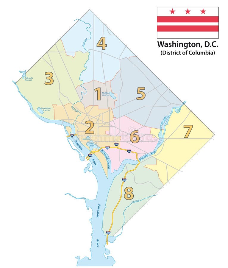 Mapa Dos Oito Distritos De Washington DC Com Bandeira Ilustração do