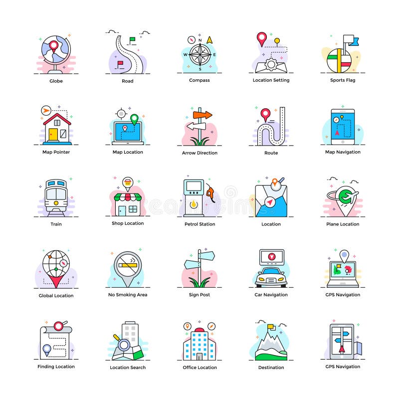 Mapa e iconos planos del viaje stock de ilustración Mapa e iconos planos del viaje stock de ilustración