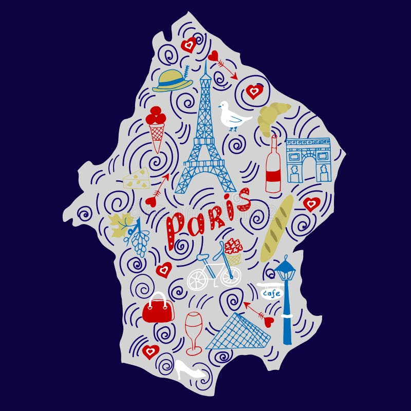 Mapa exhausto de la mano de París en estilo del garabato ilustración del vector Mapa exhausto de la mano de París en estilo del garabato ilustración del vector