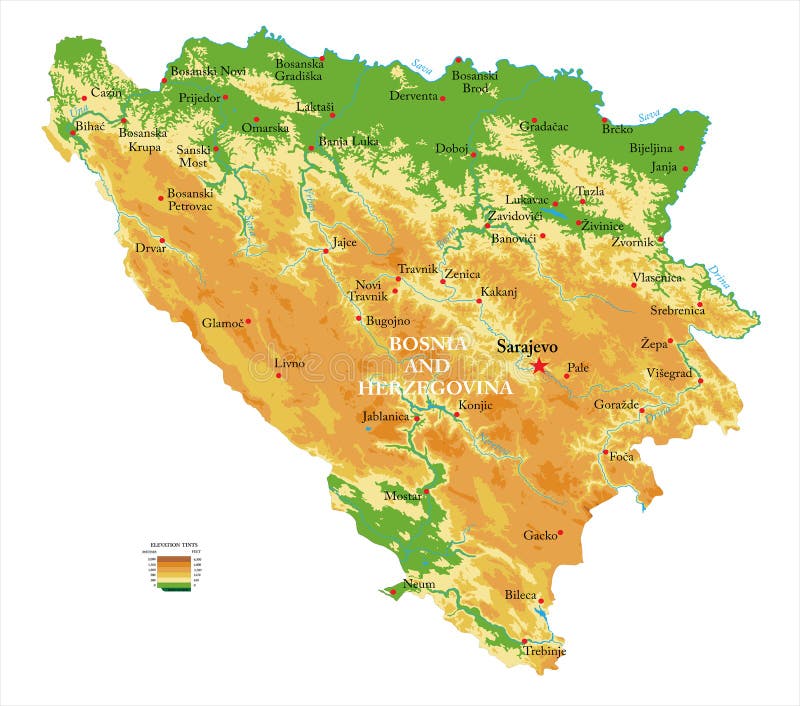 Highly detailed physical map of the Bosnia and Herzegovina,in vector format,with all the relief forms,regions and big cities. Highly detailed physical map of the Bosnia and Herzegovina,in vector format,with all the relief forms,regions and big cities