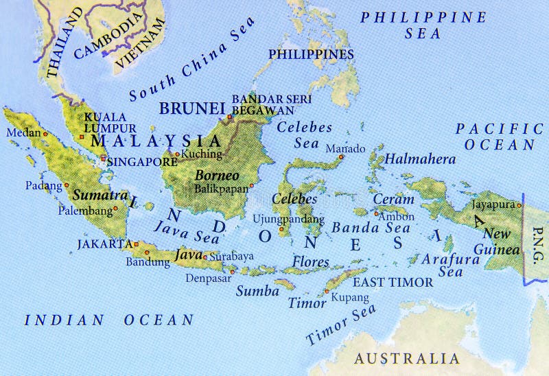 Mapa geográfico de Malasia, de Brunei y de Indonesia con las ciudades importantes imagenes de archivo Mapa geográfico de Malasia, de Brunei y de Indonesia con las ciudades importantes imagenes de archivo