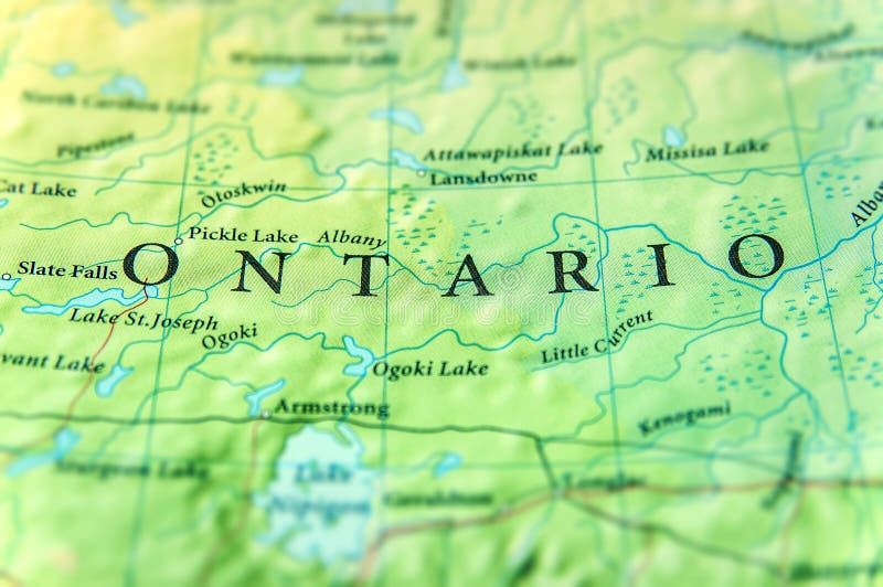 Mapa geográfico do estado Ontário de Canadá com cidades importantes fotografia de stock Mapa geográfico do estado Ontário de Canadá com cidades importantes fotografia de stock
