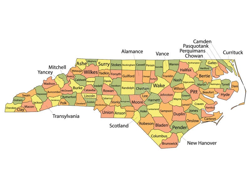 Colorful County Map With Counties Names of the US Federal State of North Carolina. Colorful County Map With Counties Names of the US Federal State of North Carolina