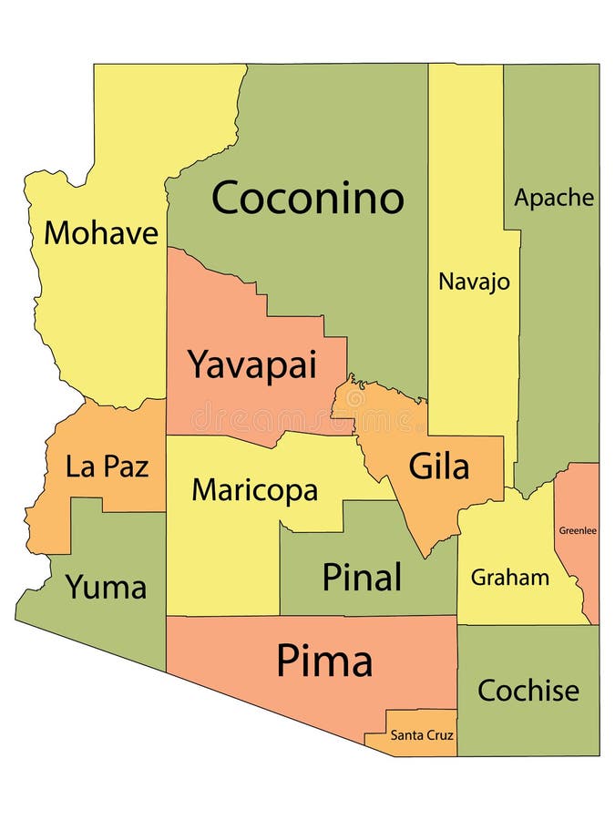 Colorful County Map With Counties Names of the US Federal State of Arizona. Colorful County Map With Counties Names of the US Federal State of Arizona