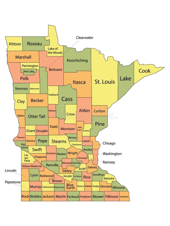 Colorful County Map With Counties Names of the US Federal State of Minnesota. Colorful County Map With Counties Names of the US Federal State of Minnesota