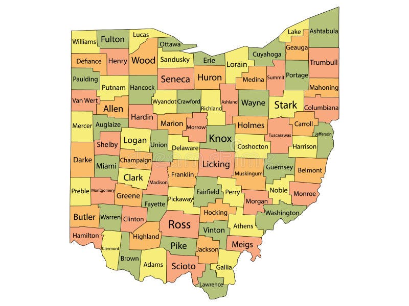 Colorful County Map With Counties Names of the US Federal State of Ohio. Colorful County Map With Counties Names of the US Federal State of Ohio