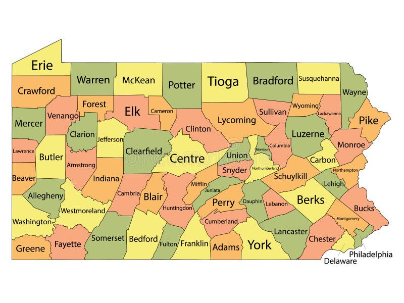 Colorful County Map With Counties Names of the US Federal State of Pennsylvania. Colorful County Map With Counties Names of the US Federal State of Pennsylvania