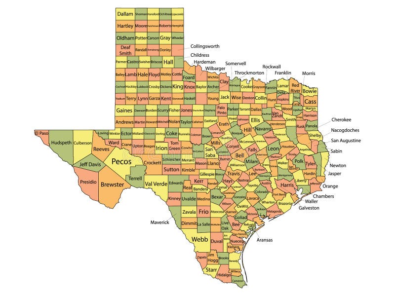 Colorful County Map With Counties Names of the US Federal State of Texas. Colorful County Map With Counties Names of the US Federal State of Texas