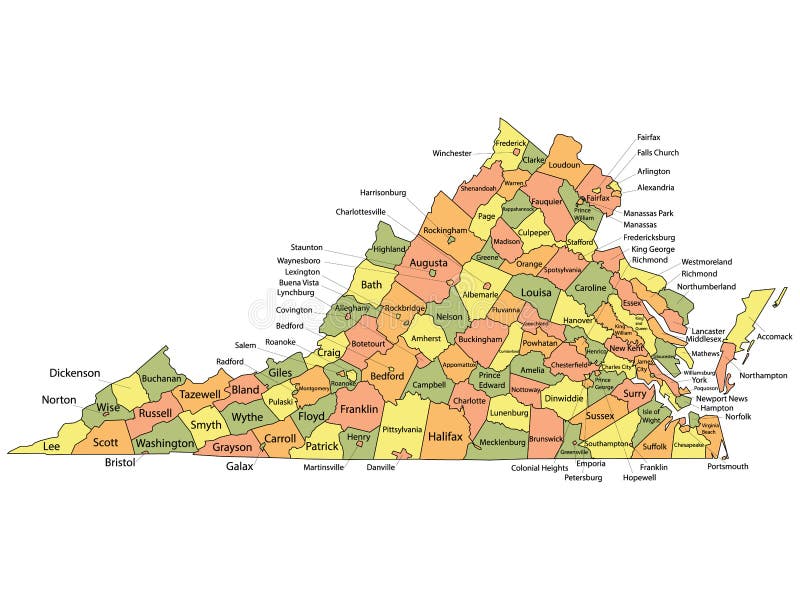 Colorful County Map With Counties Names of the US Federal State of Virginia. Colorful County Map With Counties Names of the US Federal State of Virginia