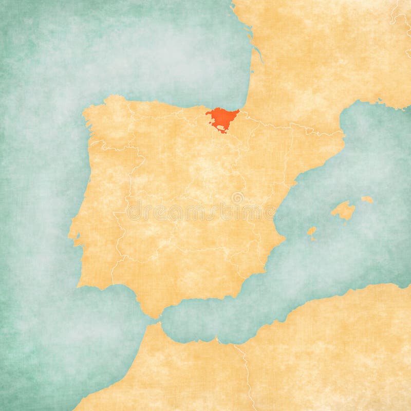 Basque Country on the map of Iberian Peninsula in soft grunge and vintage style on old paper. Basque Country on the map of Iberian Peninsula in soft grunge and vintage style on old paper.