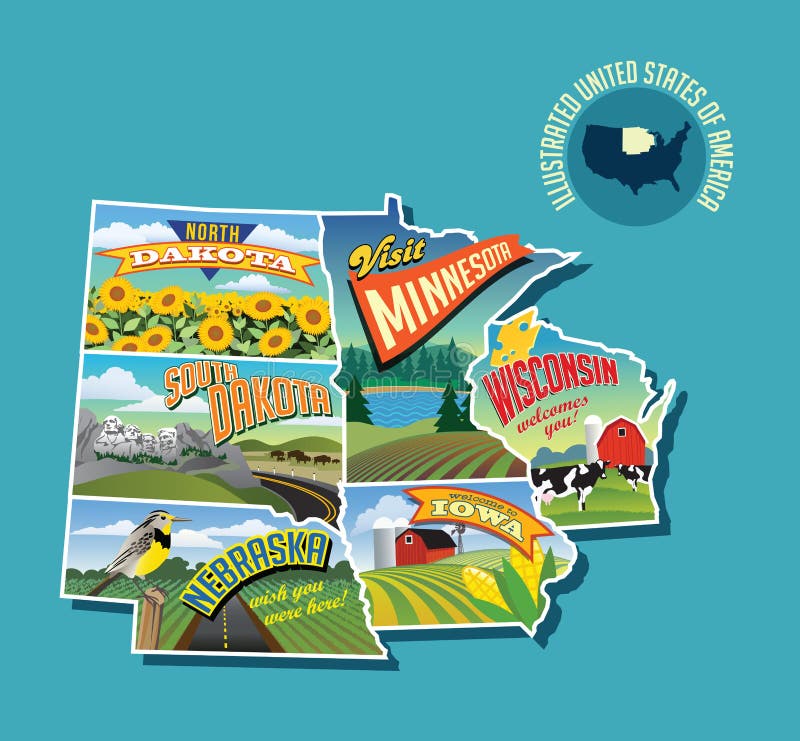 Mapa ilustrado ilustrado de Cercano oeste Estados Unidos stock de ilustración Mapa ilustrado ilustrado de Cercano oeste Estados Unidos stock de ilustración