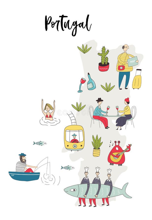 Mapa ilustrado de Portugal com caráteres bonitos e do divertimento, as plantas e elementos tirados mão Ilustração do vetor da cor ilustração royalty free Mapa ilustrado de Portugal com caráteres bonitos e do divertimento, as plantas e elementos tirados mão Ilustração do vetor da cor ilustração royalty free