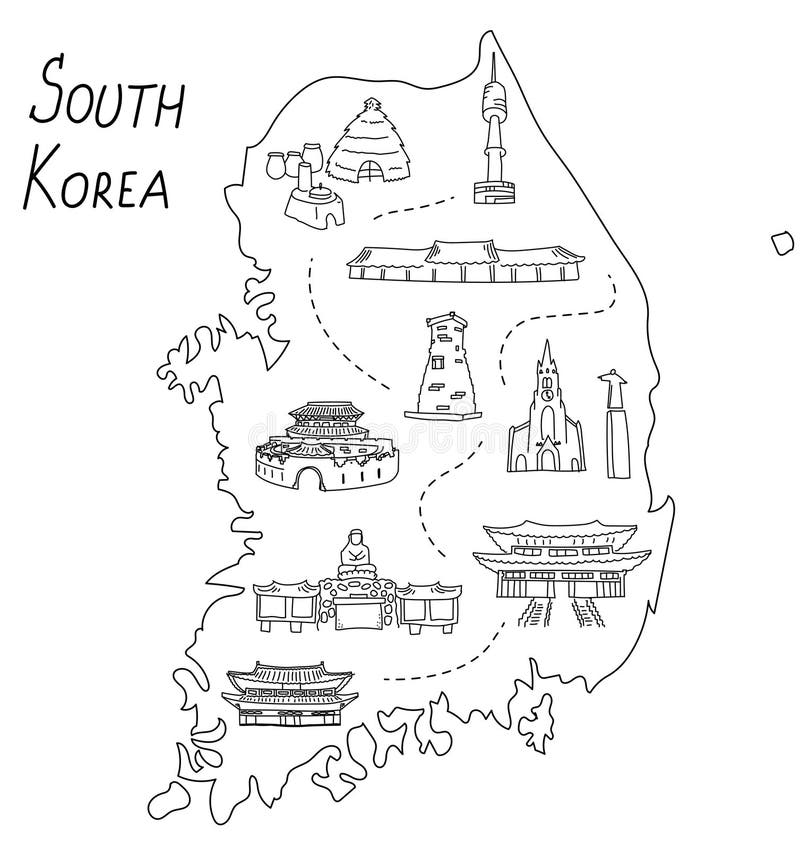 Mapa Ilustrado Del Doodle Del Esquema De Corea Del Sur Los Templos Y