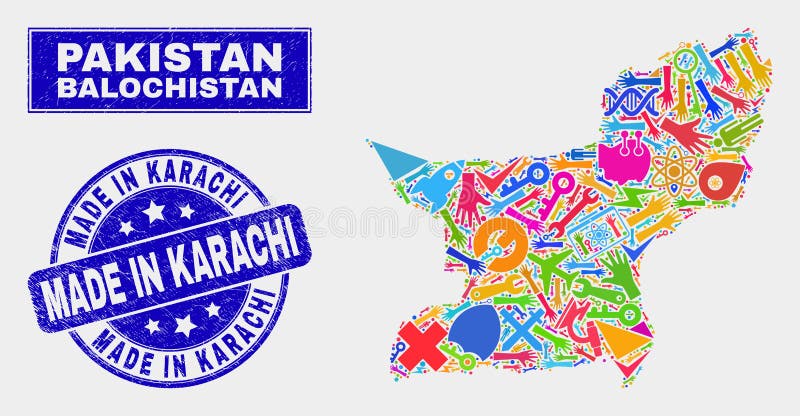 Mapa industrial e aflição da província de Balochistan da colagem feitos no selo do selo de Karachi ilustração do vetor Mapa industrial e aflição da província de Balochistan da colagem feitos no selo do selo de Karachi ilustração do vetor
