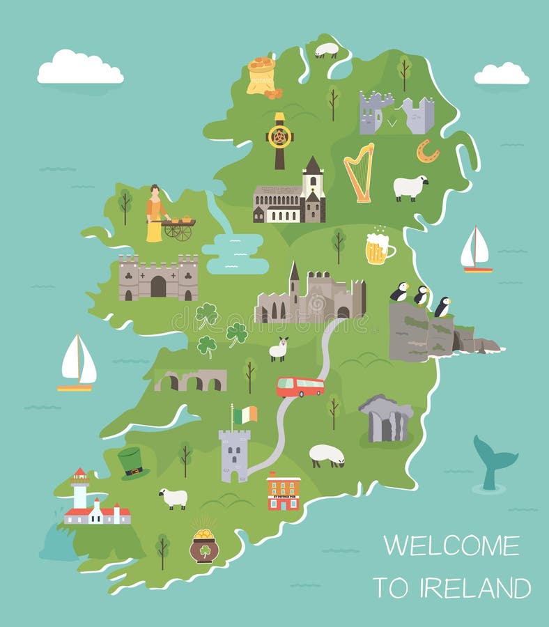Mapa da Irlanda com símbolos da Irlanda, destinos ilustração royalty free
