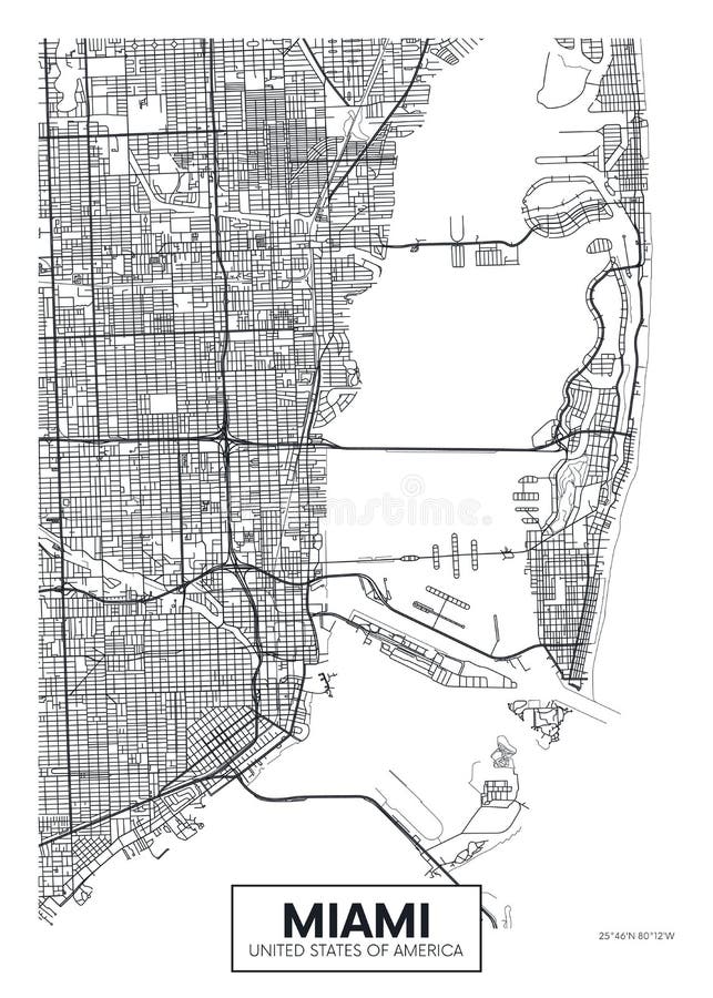 Mapa Miami, diseño de la ciudad del cartel del vector del viaje