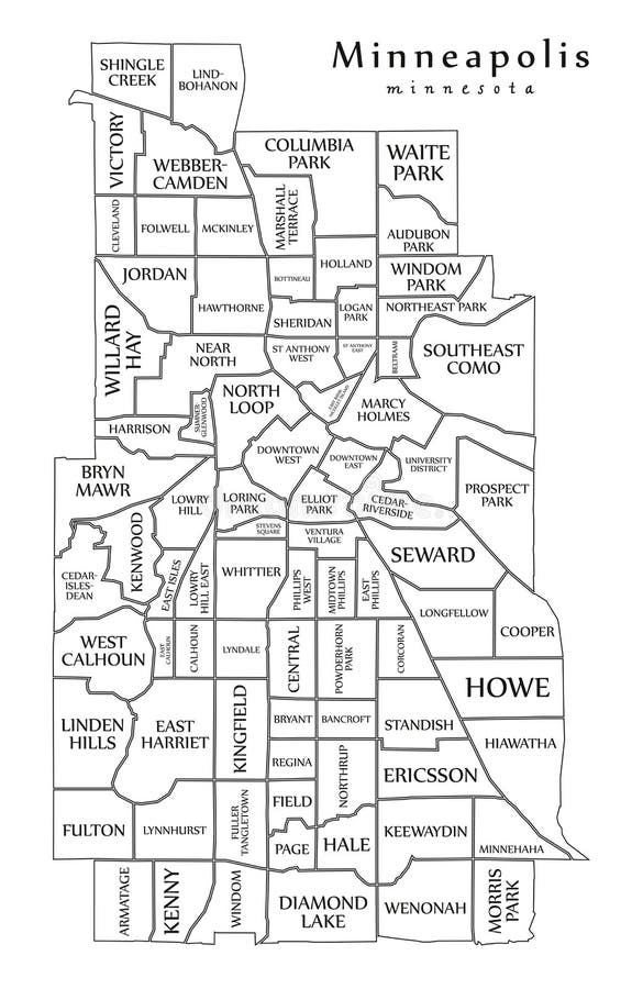Mapa moderno de la ciudad - ciudad de Minneapolis Minnesota de los E.E.U.U. con los NEI stock de ilustración Mapa moderno de la ciudad - ciudad de Minneapolis Minnesota de los E.E.U.U. con los NEI stock de ilustración