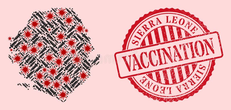 Mapa mozaiki sierra leone i stempel z gumowym szczepieniem przeciwko wirusowi korony ilustracja wektor