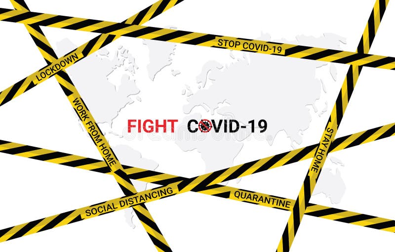 Mapa mundial branco com fitas cautelares. luta contra o conceito do covid19 para pôr termo a situações de pandemia do vírus da cor