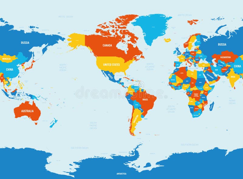 Asalto completamente Converger Mapa Mundial - Centrado En Estados Unidos 4 Colores Vivos Mapa Político  Detallado Del Mundo Con El País, El Océano Y El Mar Ilustración del Vector  - Ilustración de atlas, mundo: 198974861