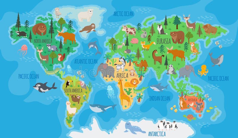 Mapa Mundial De Dibujos Animados Para Niños Viveros Con Animales Del  Bosque. Educación En Geografía Infantil Con Europa Asia Austr Ilustración  del Vector - Ilustración de tierra, bosque: 239418650
