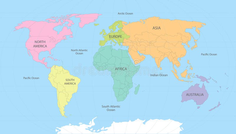 Mapa mundial dividido en seis continentes de diferente color. stock de ilustración