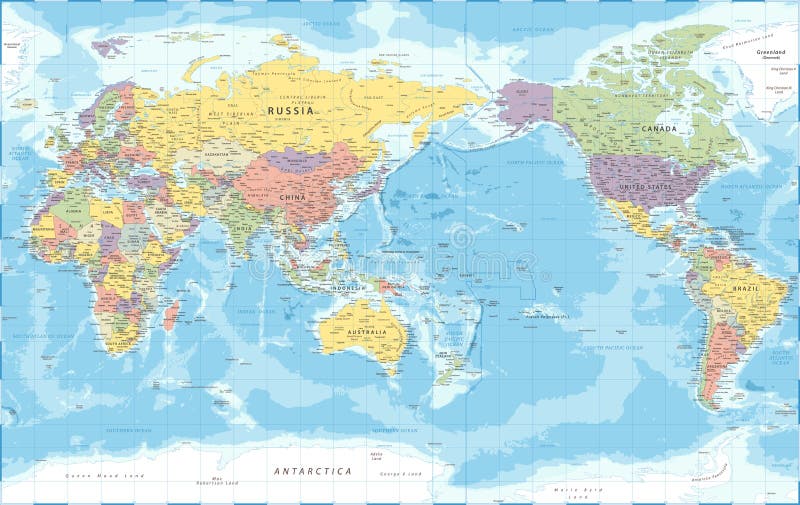 World Map - Pacific View - Asia China Center - Political Topographic - Vector Detailed. World Map - Pacific View - Asia China Center - Political Topographic - Vector Detailed