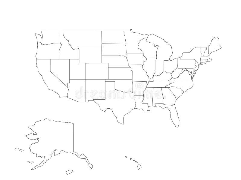 Mapa negro en blanco del esquema del vector de los E.E.U.U., los Estados Unidos de América