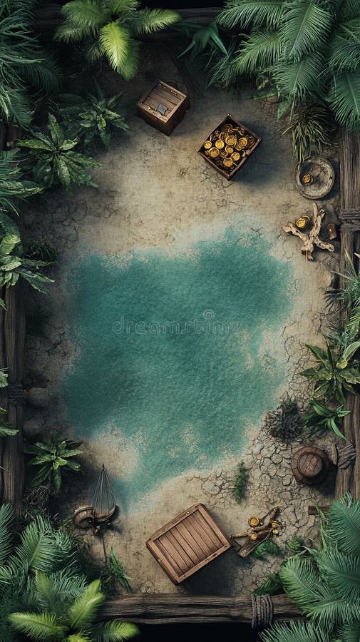 Mapa pirata que conduce a un cofre del tesoro en medio de una densa jungla libre illustration