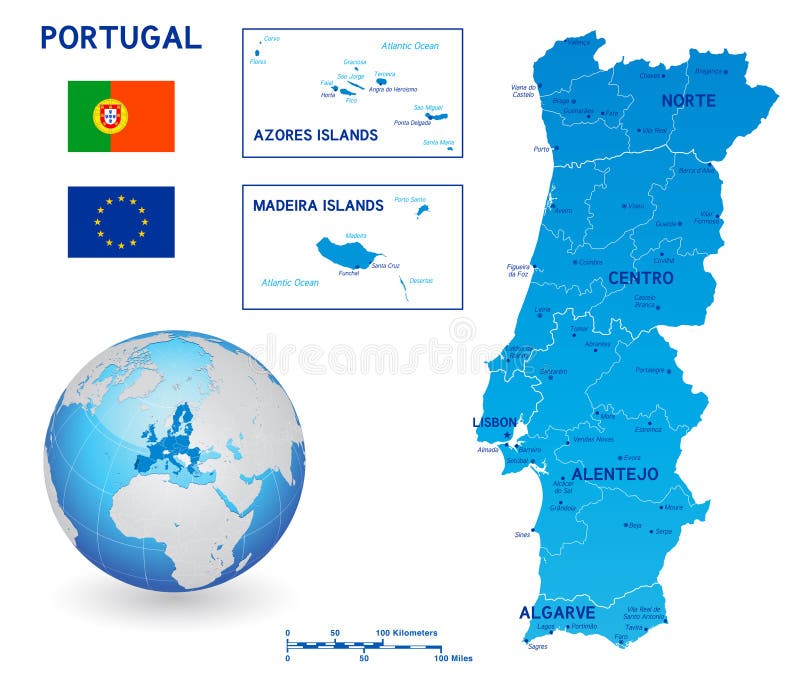 Mapa Político Azul Do Vetor De Portugal Ilustração do Vetor - Ilustração de  portugal, nearsighted: 122928244