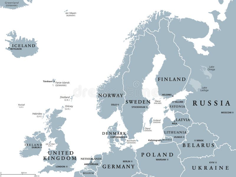 Mapa político simplificado dos países escandinavos e do norte da