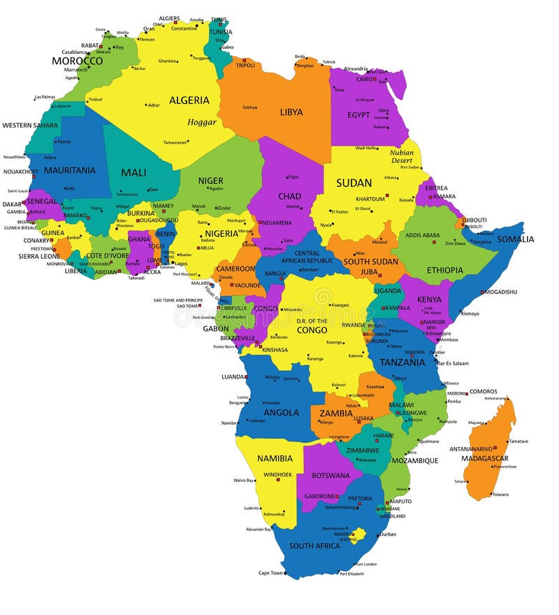 Mapa político colorido de África con capas claramente etiquetadas, separadas stock de ilustración Mapa político colorido de África con capas claramente etiquetadas, separadas stock de ilustración