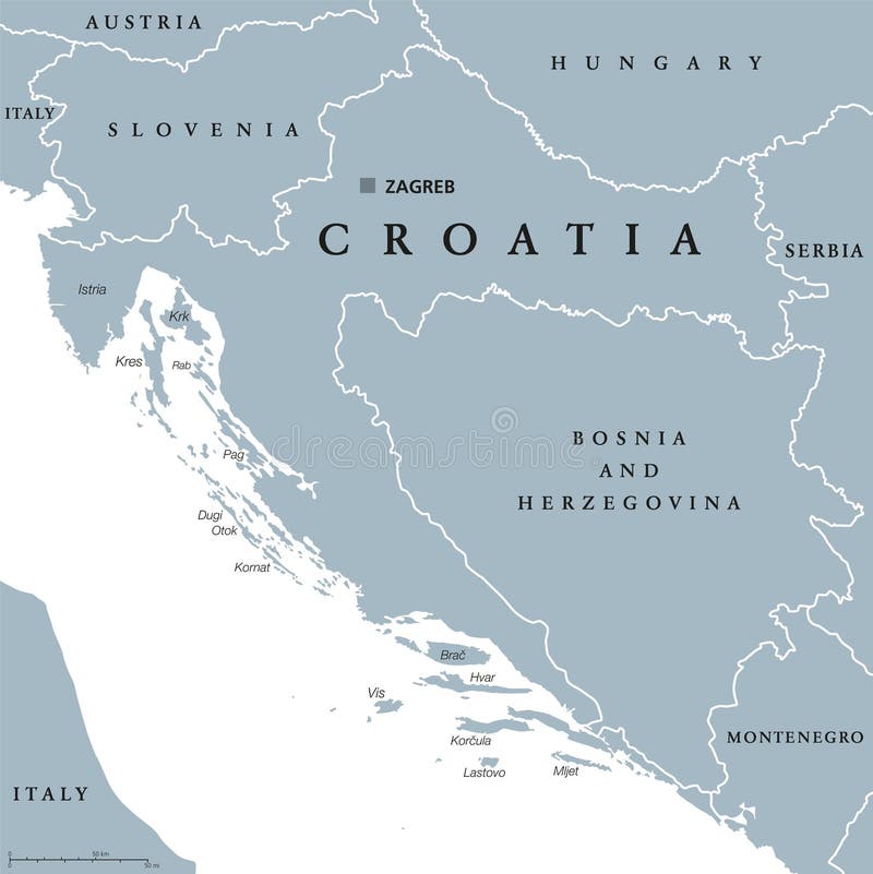 Croatia political map with capital Zagreb, national borders and neighbor countries. Gray illustration with English labeling on white background. Vector. Croatia political map with capital Zagreb, national borders and neighbor countries. Gray illustration with English labeling on white background. Vector.