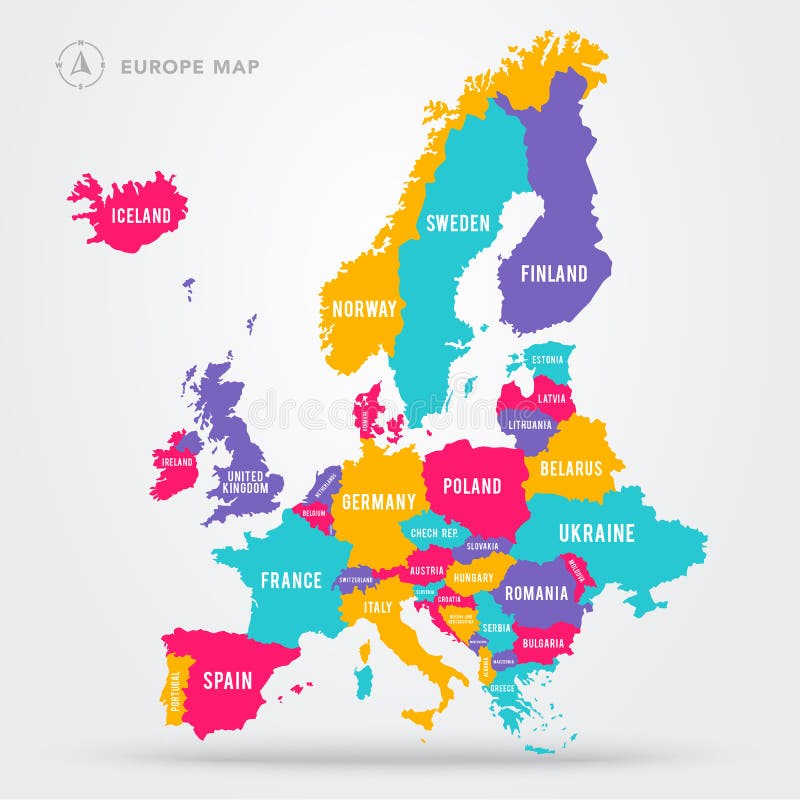 Mapa polÃ­tico de ilustraciÃ³n vectorial de Europa. Continente europeo con cuatro colores con etiquetas de paÃ­s