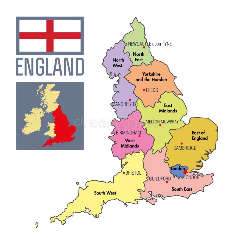 Mapa Político De Inglaterra Con Regiones Y Sus Capitales Stock de