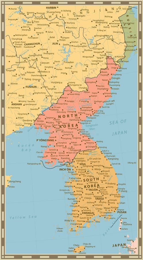 Mapa político de la península de Corea, mapa del color del vintage de Nort libre illustration Mapa político de la península de Corea, mapa del color del vintage de Nort libre illustration