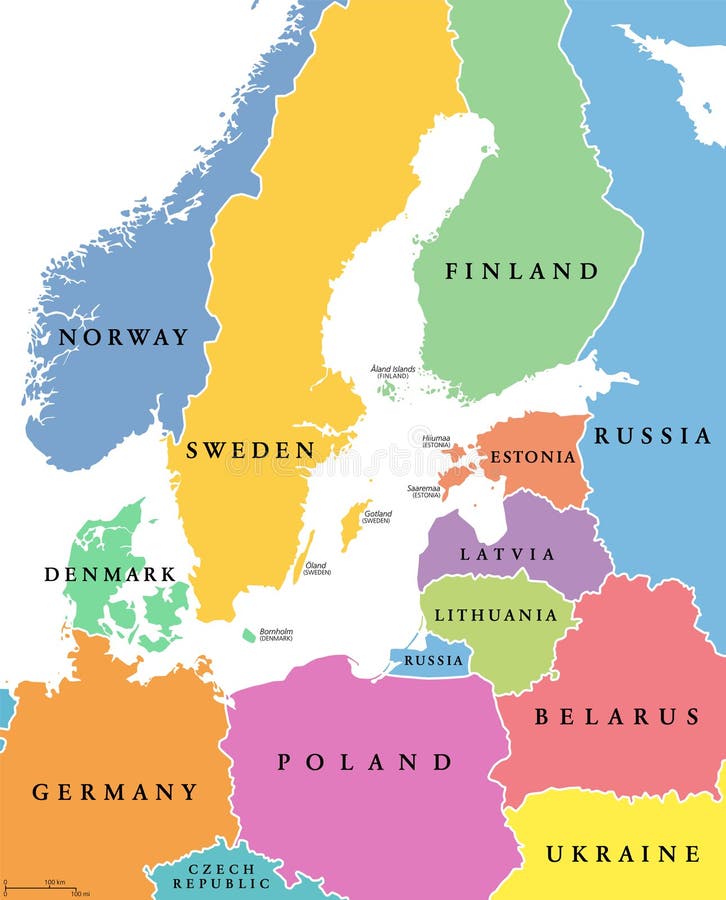 Mapa político de países con fronteras nacionales en la zona del mar Báltico libre illustration