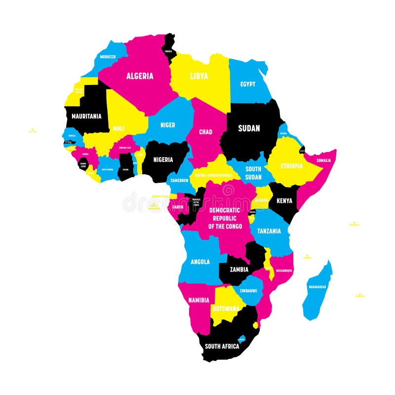 Mapa político del continente de África en colores de CMYK con las etiquetas de las fronteras nacionales y del nombre de país en e