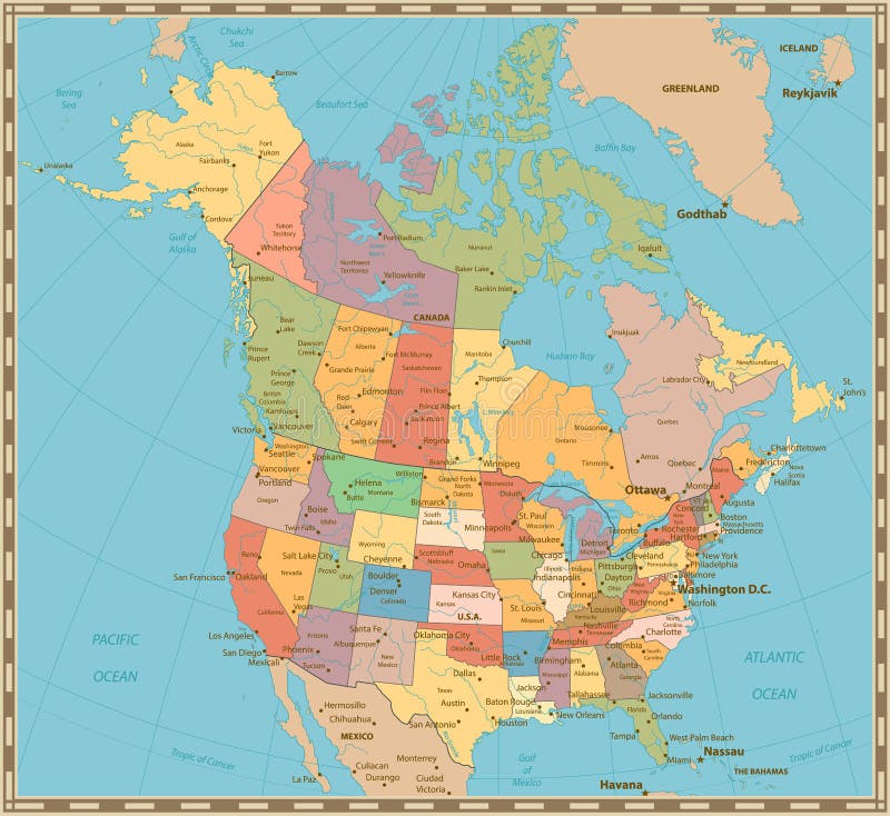 Mapa político del viejo color del vintage de los E.E.U.U. y de Canadá ilustración del vector Mapa político del viejo color del vintage de los E.E.U.U. y de Canadá ilustración del vector
