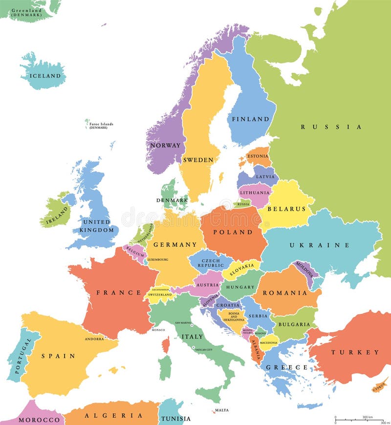 Europe single states political map. All countries in different colors, with national borders and country names. English labeling and scaling. Illustration on white background. Europe single states political map. All countries in different colors, with national borders and country names. English labeling and scaling. Illustration on white background.