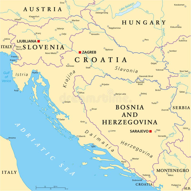 West Balkan Political Map formed by Slovenia, Croatia and Bosnia And Herzegovina. With capitals, national borders, important cities, rivers and lakes. English labeling and scaling. West Balkan Political Map formed by Slovenia, Croatia and Bosnia And Herzegovina. With capitals, national borders, important cities, rivers and lakes. English labeling and scaling.