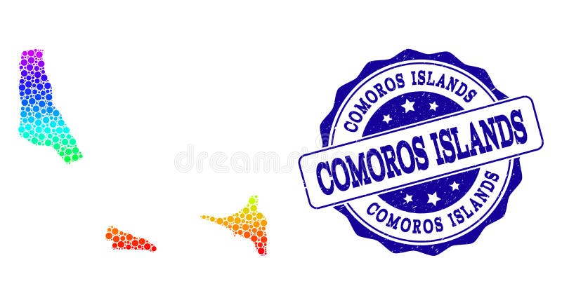 Mapa pontilhado do arco-íris de ilhas de Comores e de selo do selo do Grunge ilustração do vetor Mapa pontilhado do arco-íris de ilhas de Comores e de selo do selo do Grunge ilustração do vetor