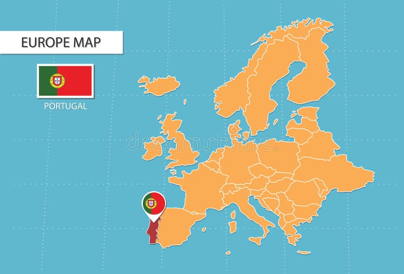 Mapa de portugal e localização na ilustração vetorial do mapa da europa