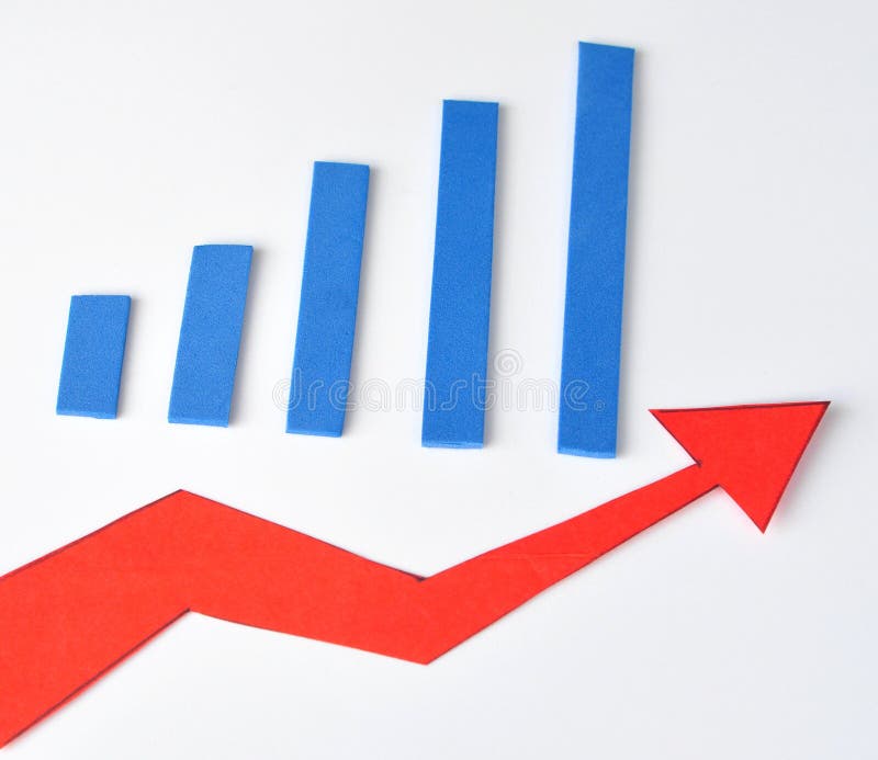 Growing blue bar chart and red rising arrow. Growing blue bar chart and red rising arrow